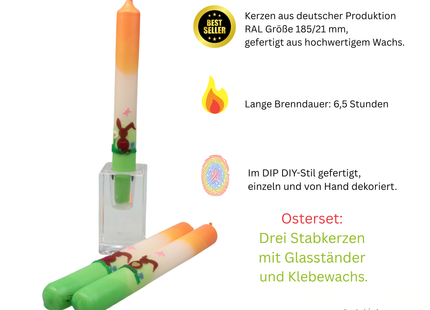 Drei handverzierte Oster Stabkerzen mit Farbverlauf Apricot Weiß Grün