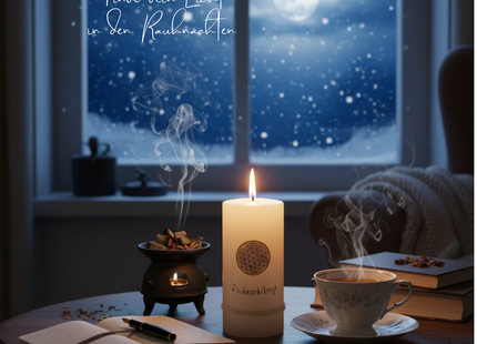 Rauhnachtkerze mit Blume des Lebens – Weiße Rustika Edition