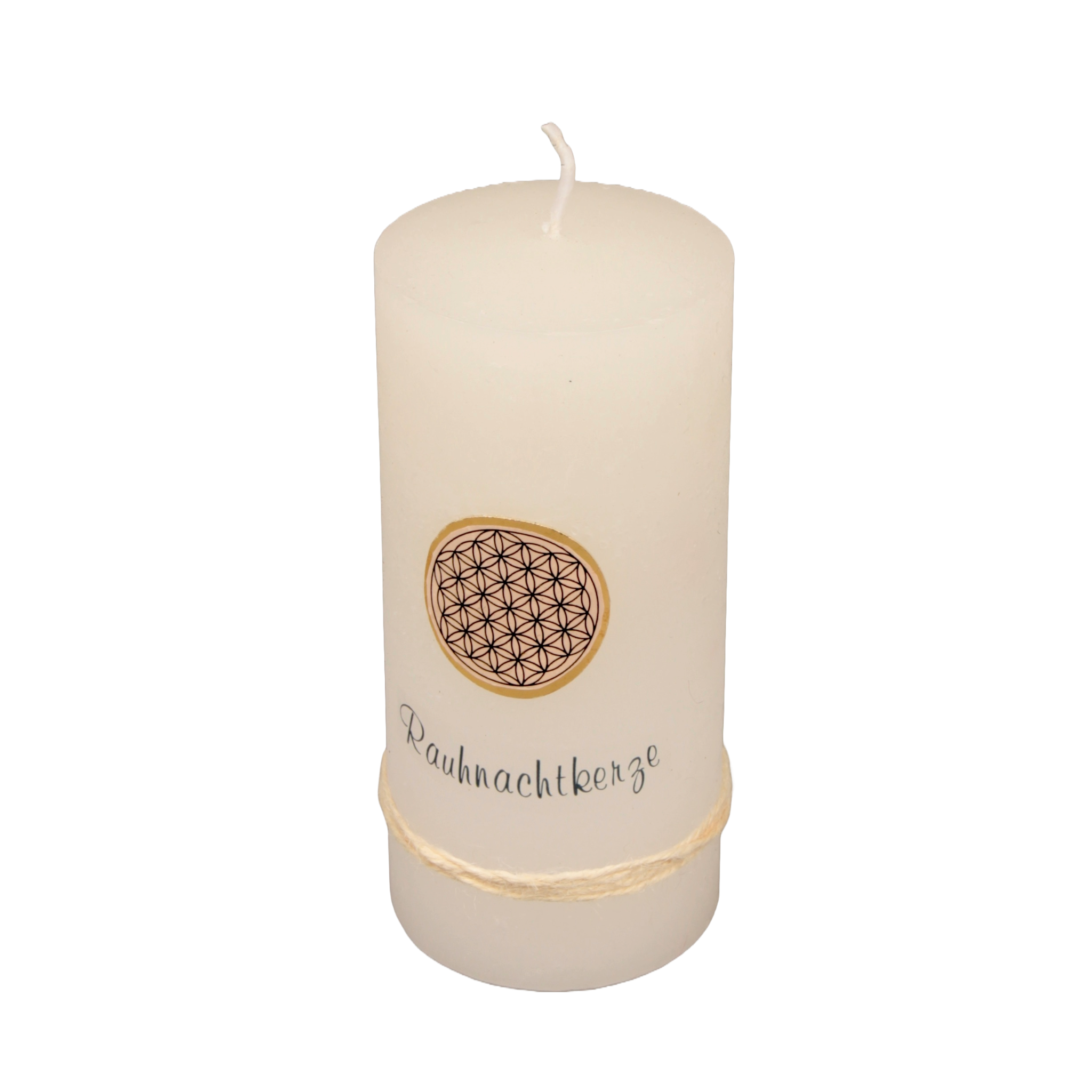 Moderne Rauhnachtkerze Rustikal, mit der Blume des Lebens in der Mitte der Kerze - eine Echtwachs Applikation- und ein Schriftzug "Rauhnachtkerze" 