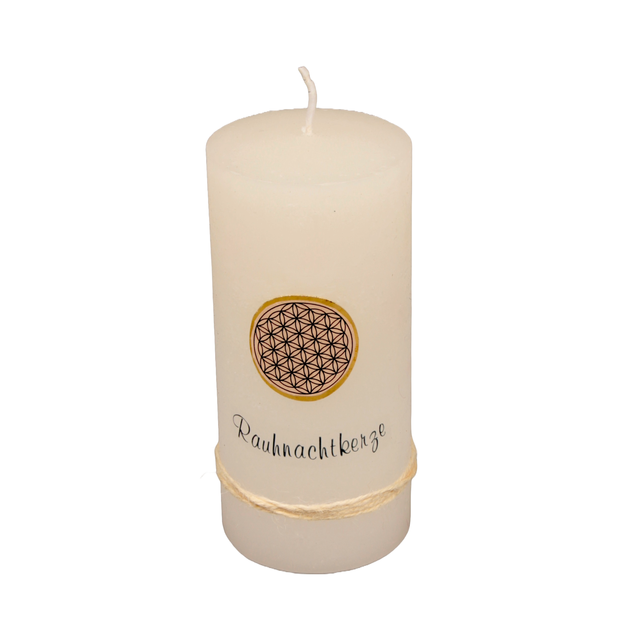 Moderne weisse Rustika Rauhnachtkerze mit der Blume des Lebens in der Mitte der Kerze - eine Echtwachs Applikation- und ein Schriftzug "Rauhnachtkerze" 