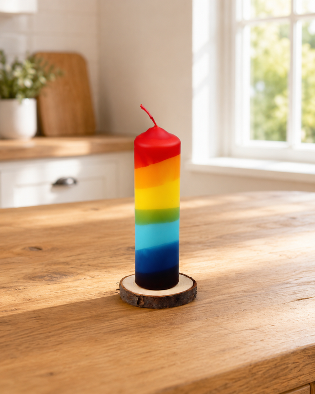 Bunte Regenbogenkerze im Dip-Dye-Style auf Holzscheibe, dekoriert auf einem hellen Holz-Küchentisch bei Tageslicht.