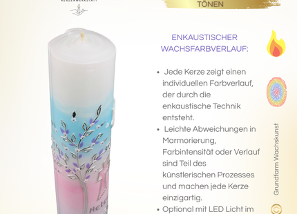 Detailaufnahme der Taufkerze mit feinem Kreuz und Taube – Symbol für Frieden und Neubeginn