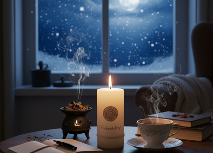 Meditative Szene mit Rauhnachtkerze, Räucherwerk und Winterdekoration zur Einstimmung auf die Rauhnächte und Sperrnächte