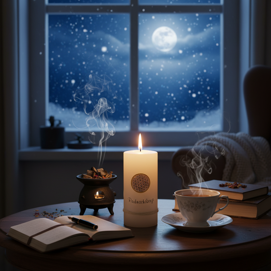 Meditative Szene mit Rauhnachtkerze, Räucherwerk und Winterdekoration zur Einstimmung auf die Rauhnächte und Sperrnächte