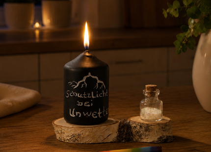 Brennende schwarze Wetterkerze bei Nacht auf einem Holztisch als Schutzlicht und Hoffnungsanker in stürmischen Zeiten.
