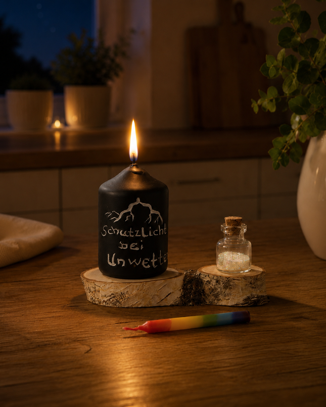 Brennende schwarze Wetterkerze bei Nacht auf einem Holztisch als Schutzlicht und Hoffnungsanker in stürmischen Zeiten.