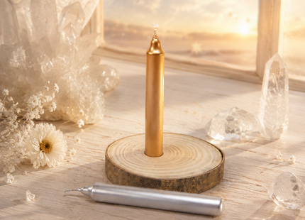 Silberne Ritualkerze auf Holzscheibe mit goldener Kerze, Kristallen und kühler Mondlicht-Stimmung für Kartenlegung und Meditation.