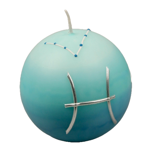 Astro-Kerze Fische in Türkisblau und Aqua mit handgelegtem Sternzeichen- und Neptun-Symbol