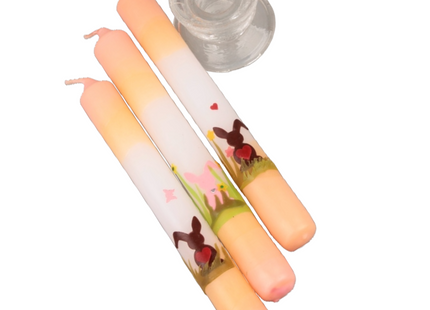 Handverzierte Osterkerzen – 3er Set mit Häschen & Herzchen inkl. Kerzenhalter