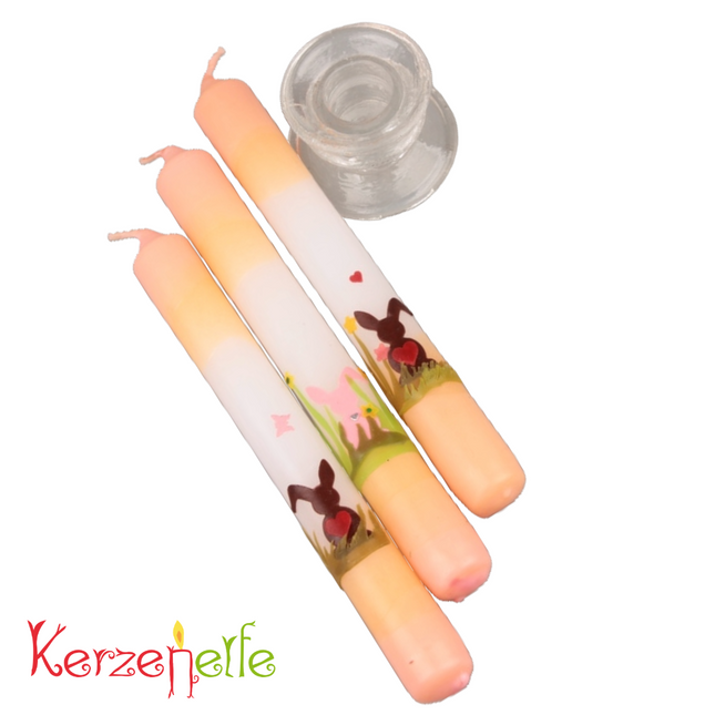 Handverzierte Osterkerzen – 3er Set mit Häschen & Herzchen inkl. Kerzenhalter