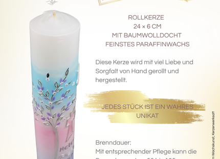 Taufkerze Wintersonne – Einzigartiges Unikat mit Aurora-Farbverlauf und dezentem Glanz-Rollkerze von Grundfarm Wachskunst