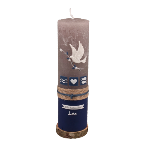 Taufkerze Rustika mit Taube – Blau, Rosa oder Türkis