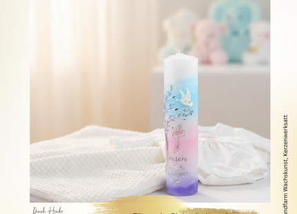 Taufkerze symbolträchtig und harmonisch gestaltet auch im Kinderzimmer- zum anzünden nur ein led Licht für dauerhaftes leuchten 