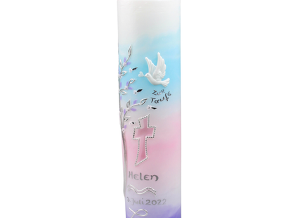 Handgefertigte Taufkerze Wintersonne mit Lebensbaum in zarten Aurora-Farben – Wachskunst aus Bayern