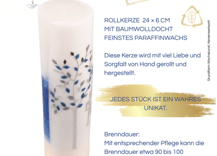 Taufkerze Lebensbaum Blau – Exklusive Handwerkskunst mit Leuchtkreuz & Personalisierung