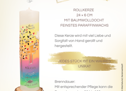 Taufkerze Lebensbaum Aurora Borealis – Exklusive Handarbeit mit Leuchtkreuz & Personalisierung