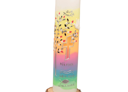 Taufkerze Lebensbaum Aurora Borealis – Exklusive Handarbeit mit Leuchtkreuz & Personalisierung