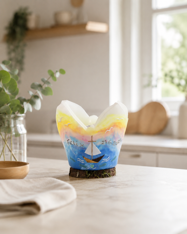 Personalisierter Arche-Noah-Lichtfang mit Regenbogen und Segelboot als dekoratives Taufgeschenk in einer hellen Küche. Moderne Farben für eine Taufkerze, immer währendes Licht aus hochwertigem wachs von Hand gemacht. 