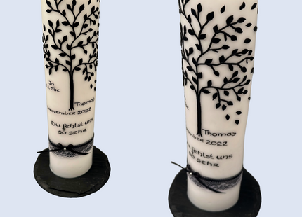 Trauerkerze mit Lebensbaum & schwarzer Schrift | Personalisierte Gedenkkerze | Handgemachtes Unikat