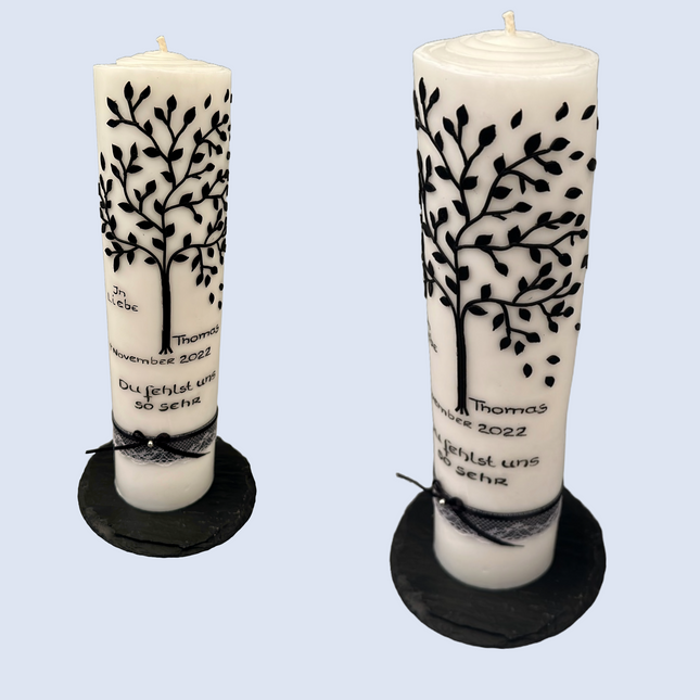 Trauerkerze mit Lebensbaum & schwarzer Schrift | Personalisierte Gedenkkerze | Handgemachtes Unikat