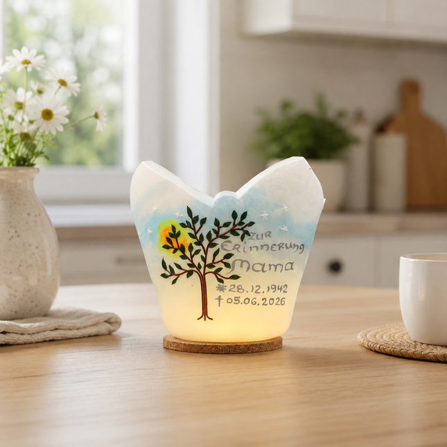 Personalisiertes Trauerlicht Lebensbaum auf hellem Holztisch in freundlicher Küche bei Tageslicht.
