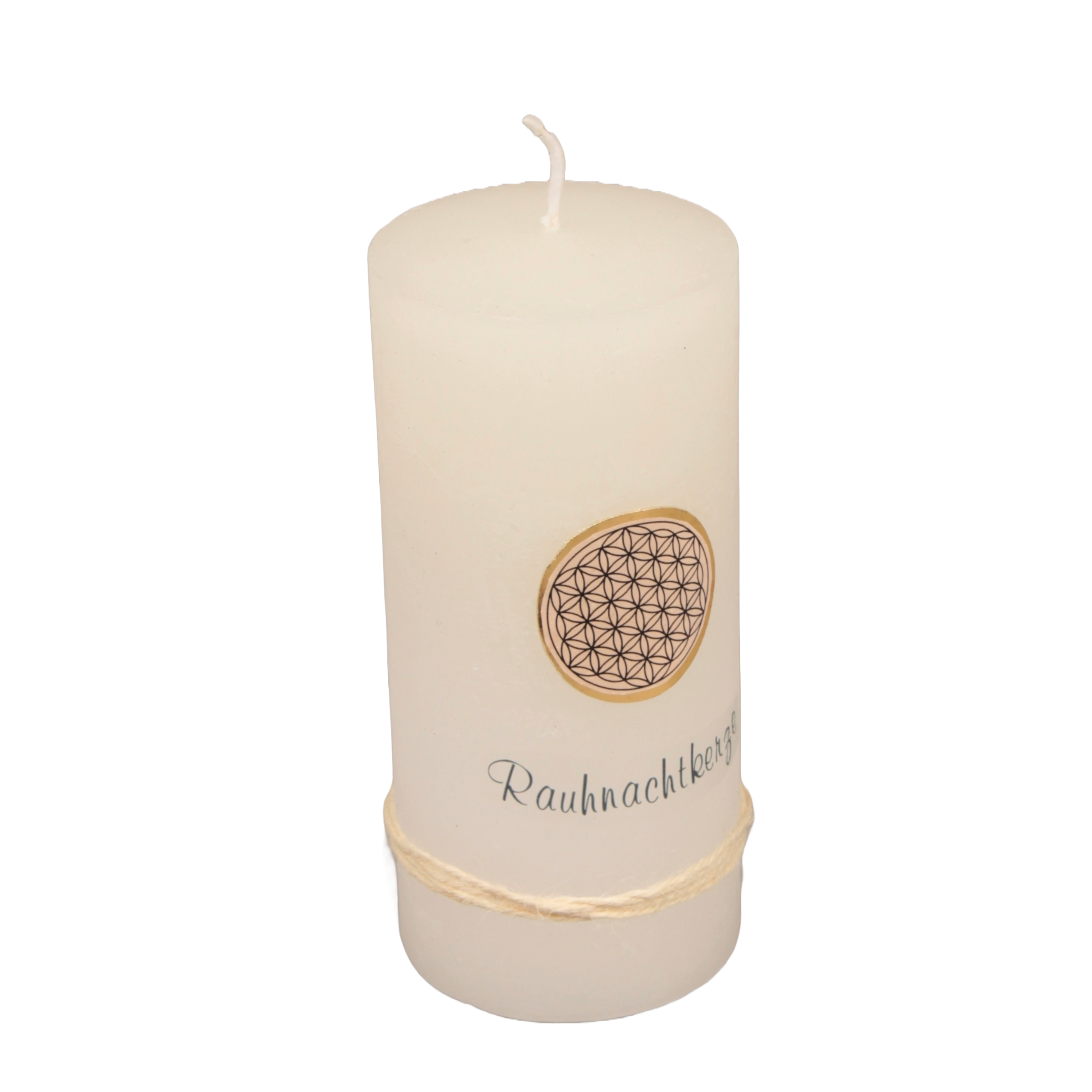 Moderne Weisse Rauhnachtkerze mit der Blume des Lebens Rustika Edition - in der Mitte der Kerze - eine Echtwachs Applikation- und ein Schriftzug "Rauhnachtkerze" 