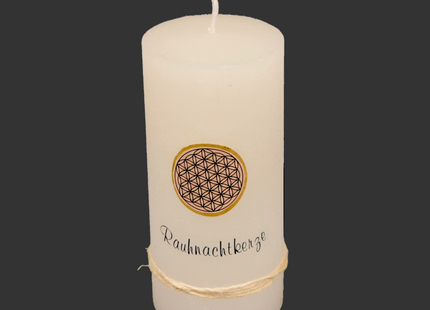 Moderne Rauhnachtkerze mit der Blume des Lebens in der Mitte der Kerze - eine Echtwachs Applikation- und ein Schriftzug "Rauhnachtkerze" 