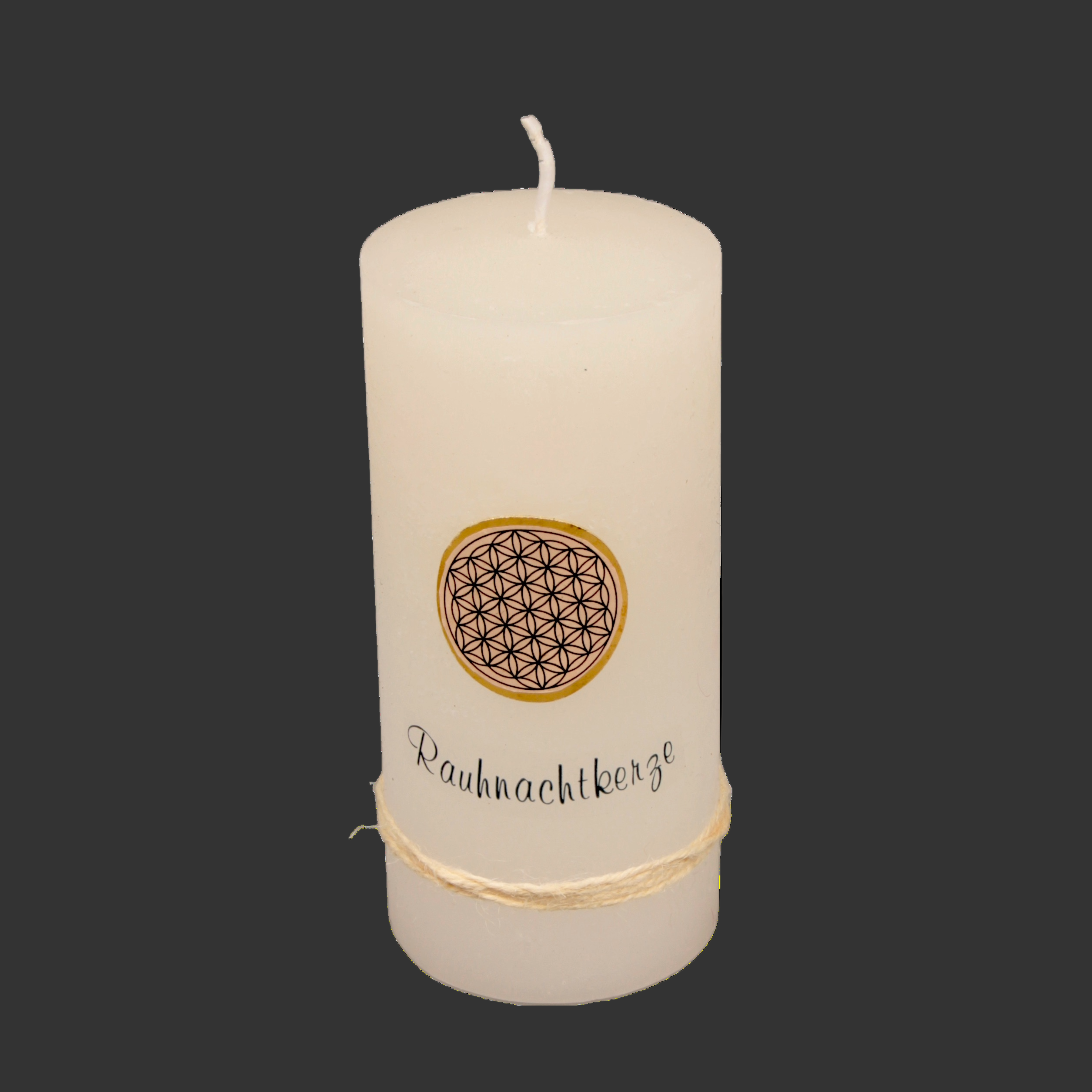 Moderne Rauhnachtkerze mit der Blume des Lebens in der Mitte der Kerze - eine Echtwachs Applikation- und ein Schriftzug "Rauhnachtkerze" 