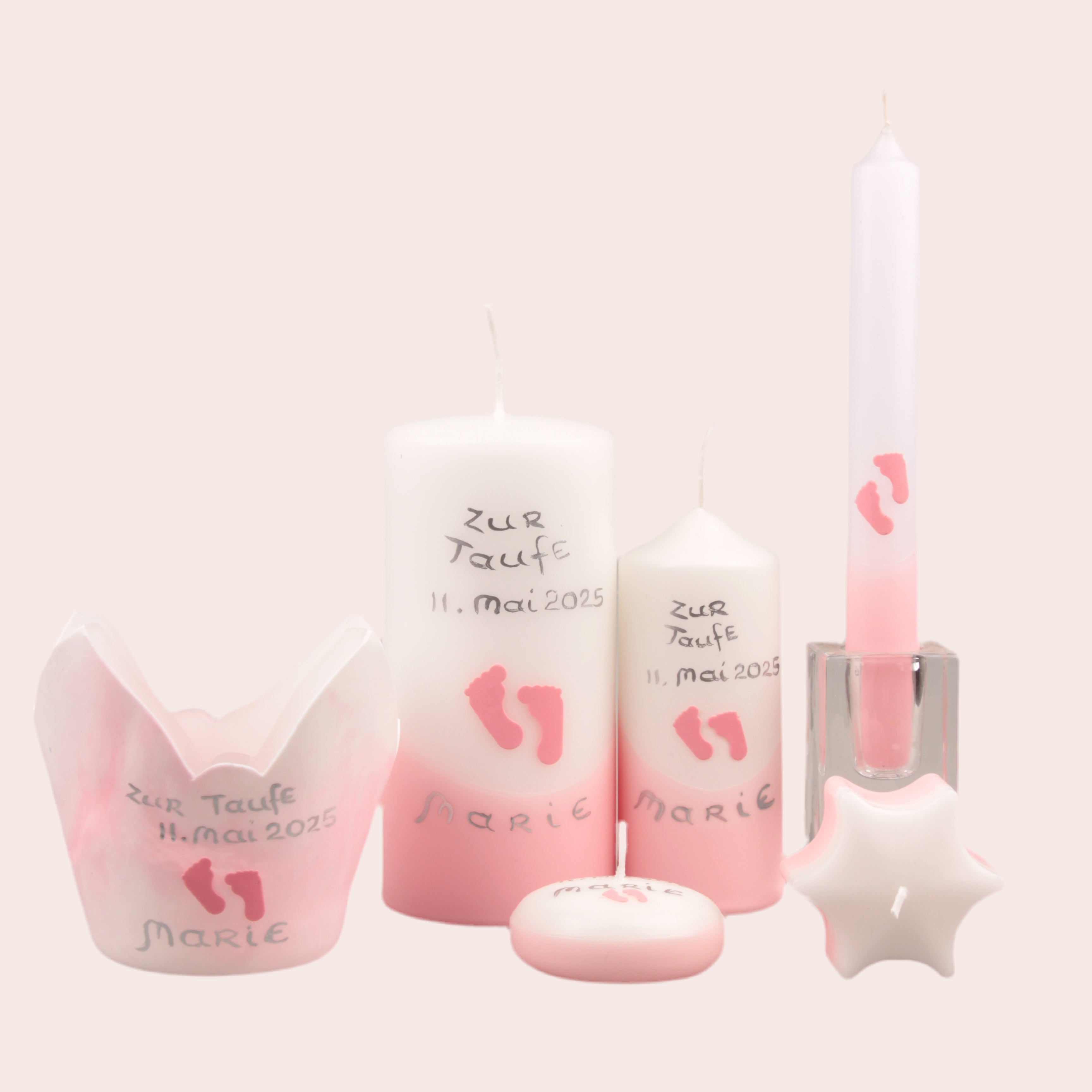 Taufkerzenset in Rosa mit Füsschen 