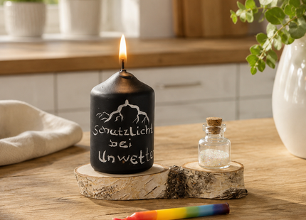 Brennendes Schutzlicht auf Holztisch bei Tag. Brennende schwarze Schutzlicht-Kerze bei Tageslicht auf einem Holz-Küchentisch mit Glitzerfläschchen und Regenbogenkerze.