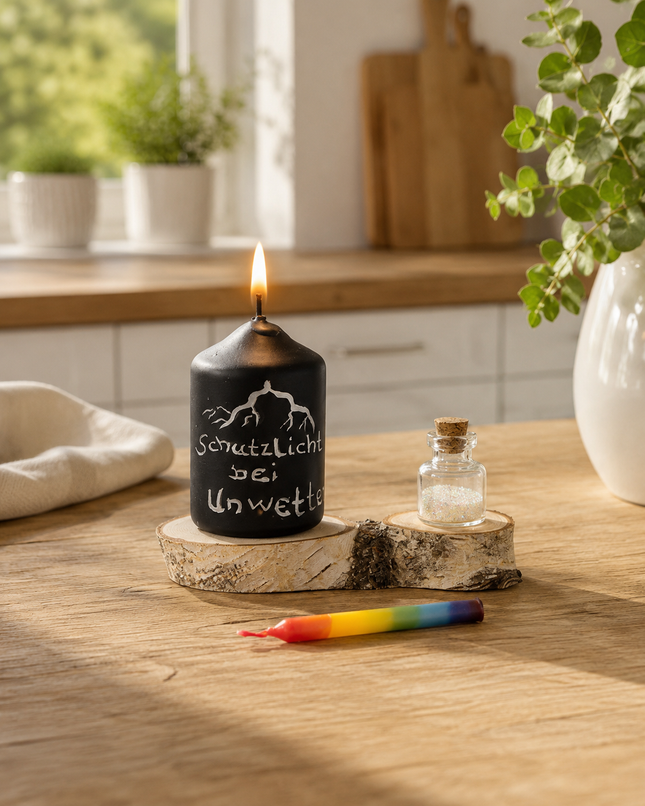 Brennendes Schutzlicht auf Holztisch bei Tag. Brennende schwarze Schutzlicht-Kerze bei Tageslicht auf einem Holz-Küchentisch mit Glitzerfläschchen und Regenbogenkerze.