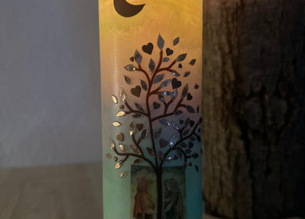 Spirituelle Hochzeitskerze mit Mond und Tarot Motiv Die Liebenden
