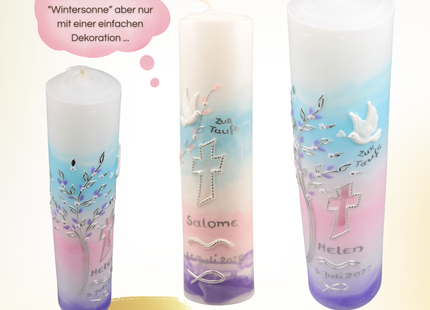 Handgefertigte Taufkerze Wintersonne mit Lebensbaum in zarten Aurora-Farben – Wachskunst aus Bayern- die Kerze wird ganz nach meinem Geschmack und nur für mich gemacht 