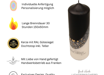 Kosmische Stumpenkerze Schwarz-Weiß – handgefertigtes Rituallicht.
