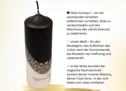 Kosmische Kerze mit goldenen Mond- und Sonnensymbolen, perfekt für spirituelle Rituale. Schatten Integration 