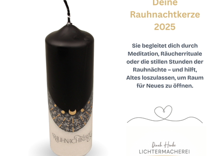Ritualkerze für Rauhnächte mit Goldwachs und Sonnensymbol – Symbol für Transformation und Einkehr.
