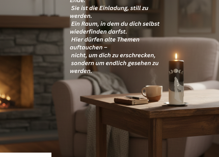 Ruhige, meditative Szene mit angezündeter Kerze – lädt ein, die eigenen Schatten zu umarmen und inneres Licht zu nähren.