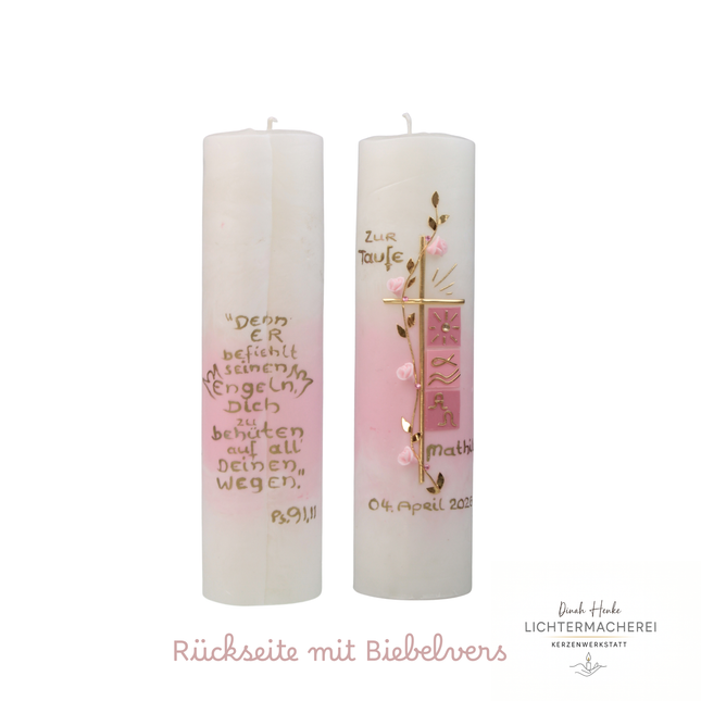 Personalisierte Taufkerze für Mädchen rosa goldene Schrift und Verzierung zur Taufe

