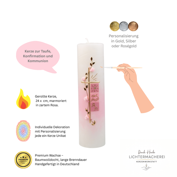 Taufkerze personalisiert mit Name und Datum rosa elegant, einzeln und von Hand dekoriert. Jede ein Unikat premium Wachse. 
