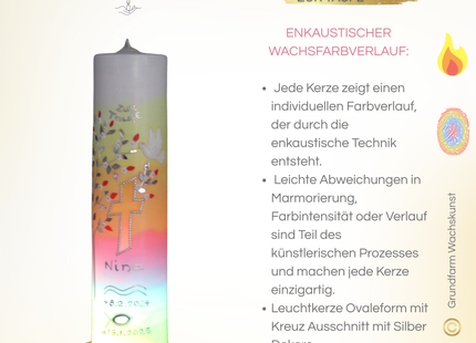 Taufkerze in Rolltechnik mit sichtbaren Wachsschichten