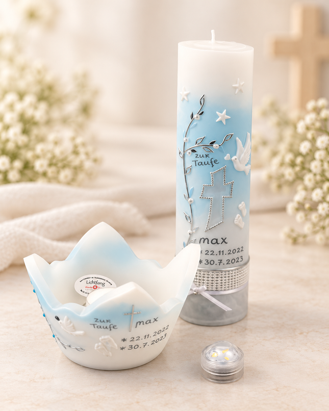 Taufkerzen-Set Himmelblau mit Patenlicht