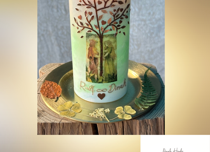 Personalized wedding candle with tree of life and moon spiritual design
